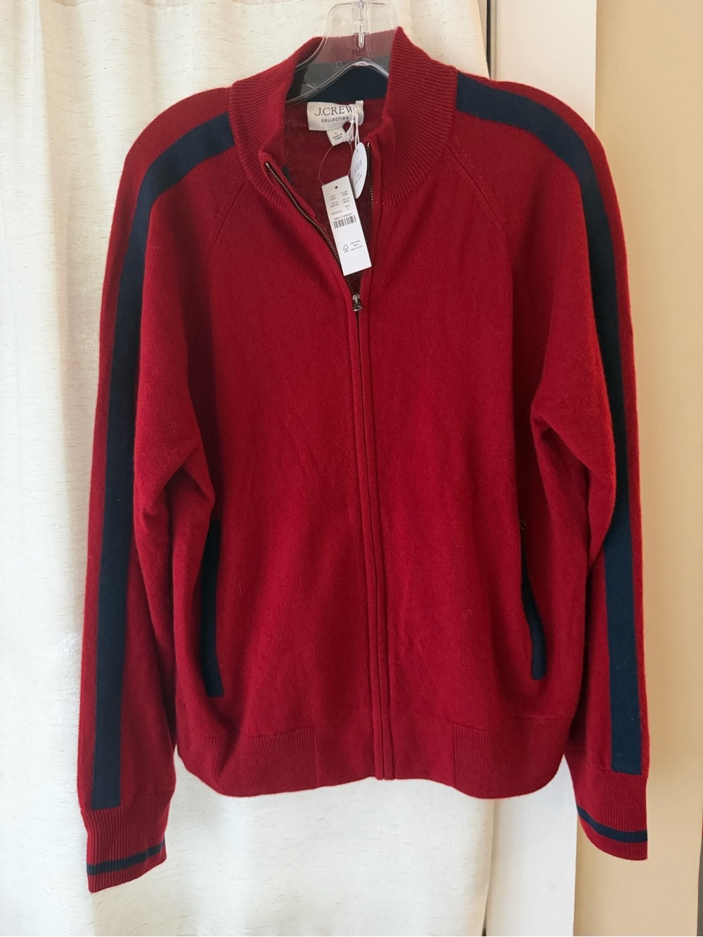 J. Crew Red Zip-Front Sweater with Navy Shoulder Stripes